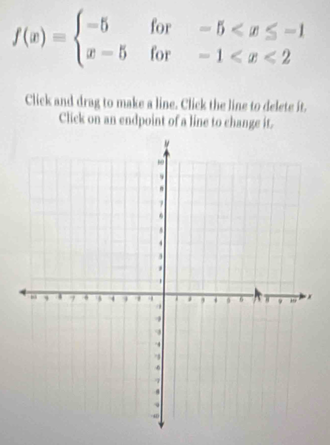 f(x)=beginarrayl -5for-5
Click and drag to make a line. Click the line to delete it. 
Click on an endpoint of a line to change it.