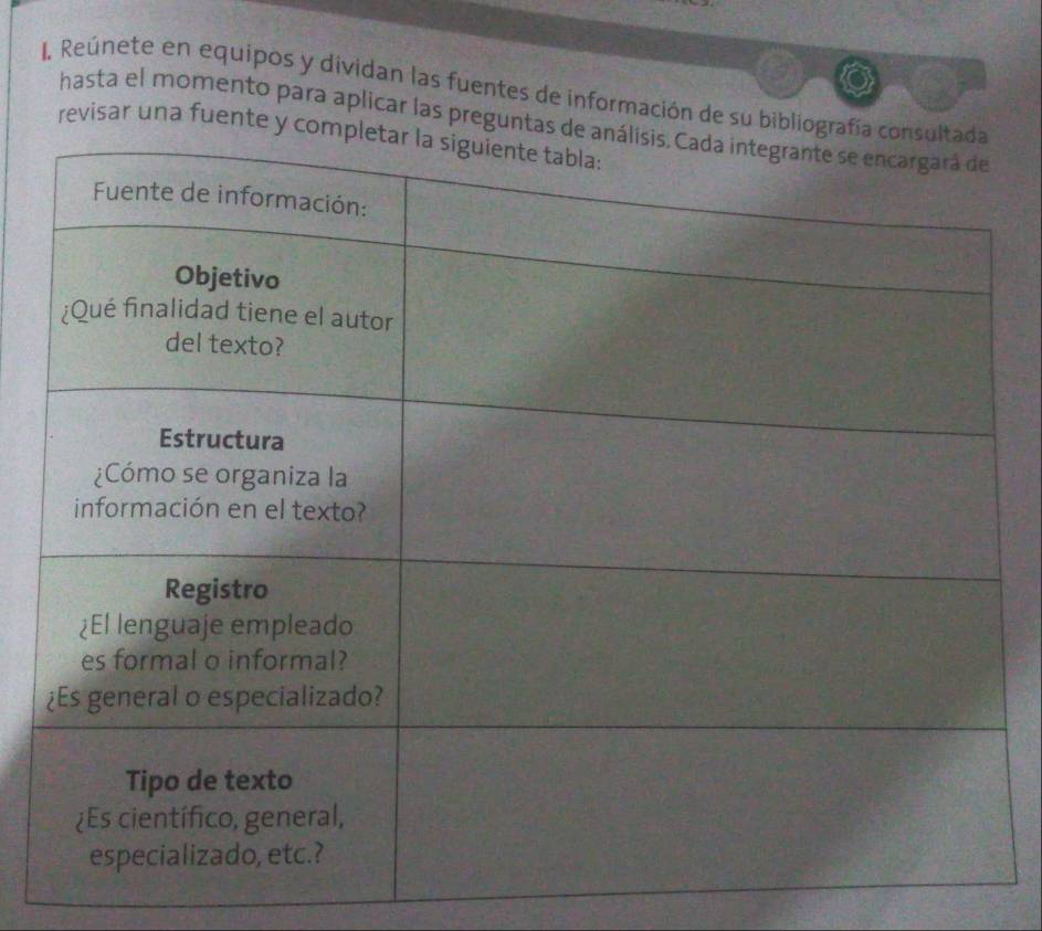 Reúnete en equipos y dividan las fuentes de información de su bibliogra 
hasta el momento para aplicar las preguntas 
revisar una fuente y co
