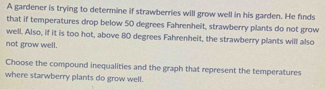 A gardener is trying to determine if strawberries will grow well in his garden. He finds 
that if temperatures drop below 50 degrees Fahrenheit, strawberry plants do not grow 
well. Also, if it is too hot, above 80 degrees Fahrenheit, the strawberry plants will also 
not grow well. 
Choose the compound inequalities and the graph that represent the temperatures 
where starwberry plants do grow well.