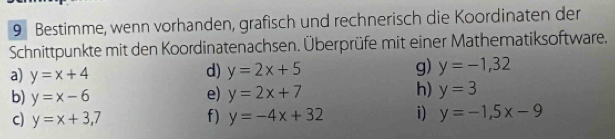 Bestimme, wenn vorhanden, grafisch und rechnerisch die Koordinaten der 
Schnittpunkte mit den Koordinatenachsen. Überprüfe mit einer Mathematiksoftware. 
d) 
g) 
a) y=x+4 y=2x+5 y=-1,32
h) 
b) y=x-6 e) y=2x+7 y=3
c) y=x+3,7 f) y=-4x+32 i) y=-1,5x-9