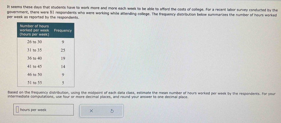 It seems these days that students have to work more and more each week to be able to afford the costs of college. For a recent labor survey conducted by the 
government, there were 81 respondents who were working while attending college. The frequency distribution below summarizes the number of hours worked 
per week as reported by the respondents. 
Based on the frequency distribution, using the midpoint of each data class, estimate the mean number of hours worked per week by the respondents. For your 
intermediate computations, use four or more decimal places, and round your answer to one decimal place.
hours per week ×