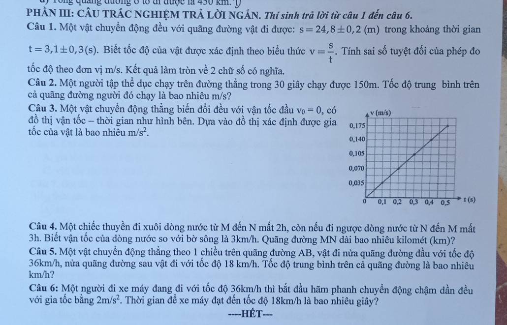 rong quảng đường ở tổ đi được là 430 km. y
PHẢN III: CÂU TRÁC NGHIỆM TRẢ LỜI NGÁN. Thí sinh trả lời từ câu 1 đến câu 6.
Câu 1. Một vật chuyển động đều với quãng đường vật đi được: s=24,8± 0,2(m) trong khoảng thời gian
t=3,1± 0,3(s) 1.Biết tốc độ của vật được xác định theo biểu thức v= s/t .  Tính sai số tuyệt đối của phép đo
tốc độ theo đơn vị m/s. Kết quả làm tròn về 2 chữ số có nghĩa.
Câu 2. Một người tập thể dục chạy trên đường thẳng trong 30 giây chạy được 150m. Tốc độ trung bình trên
cả quãng đường người đó chạy là bao nhiêu m/s?
Câu 3. Một vật chuyển động thắng biến đổi đều với vận tốc đầu v_0=0 , có
đồ thị vận tốc - thời gian như hình bên. Dựa vào đồ thị xác định được gia 
tốc của vật là bao nhiêu m/s^2.
Câu 4. Một chiếc thuyền đi xuôi dòng nước từ M đến N mất 2h, còn nếu đi ngược dòng nước từ N đến M mất
3h. Biết vận tốc của dòng nước so với bờ sông là 3km/h. Quãng đường MN dài bao nhiêu kilomét (km)?
Câu 5. Một vật chuyển động thẳng theo 1 chiều trên quãng đường AB, vật đi nửa quãng đường đầu với tốc độ
36km/h, nửa quãng đường sau vật đi với tốc độ 18 km/h. Tốc độ trung bình trên cả quãng đường là bao nhiêu
km/h?
Câu 6: Một người đi xe máy đang đi với tốc độ 36km/h thì bắt đầu hãm phanh chuyển động chậm dần đều
với gia tốc bằng 2m/s^2 F. Thời gian để xe máy đạt đến tốc độ 18km/h là bao nhiêu giây?
====HÉT===