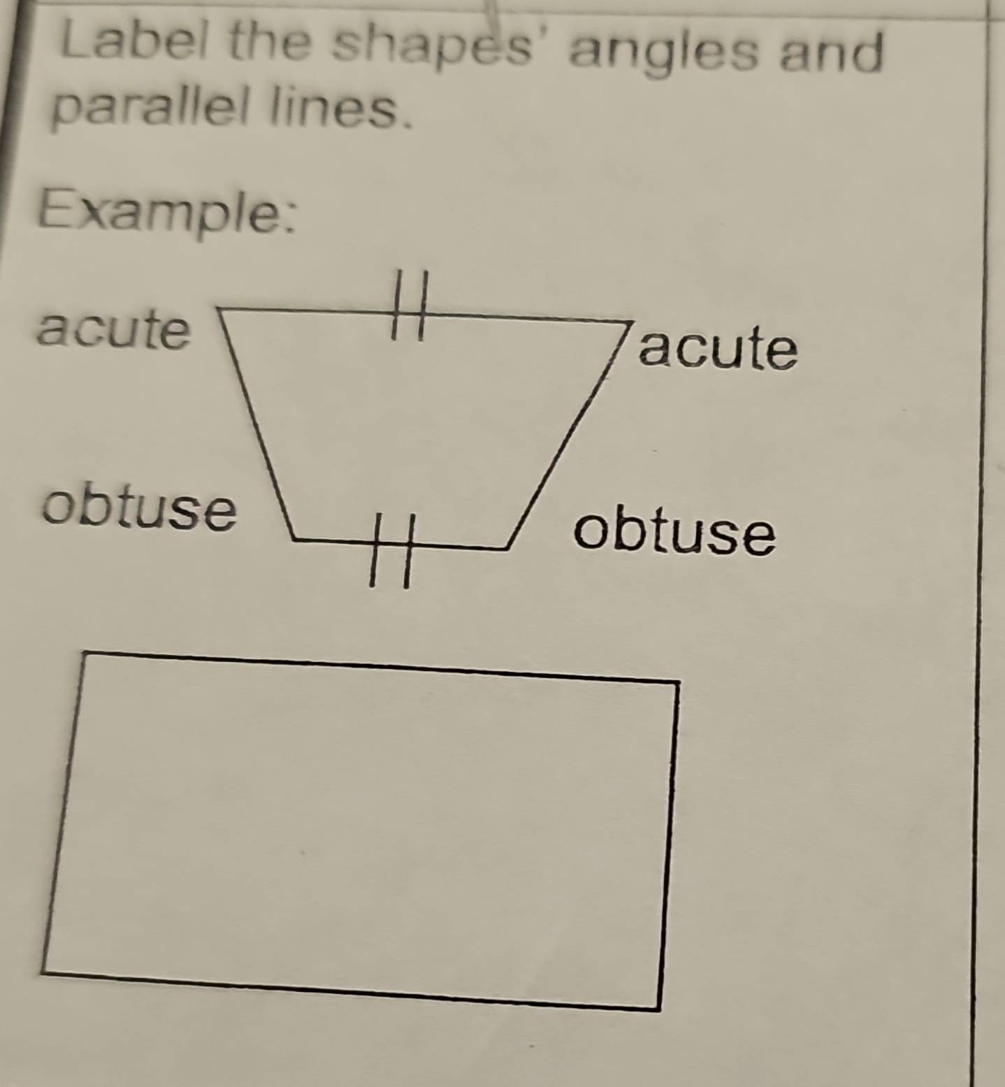 Solved: Label the shapes' angles and parallel lines. Example: acute ...
