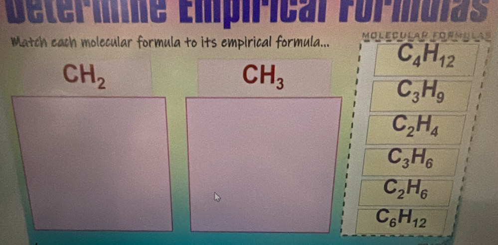 Betermie Empirical formulas
Match each molecular formula to its empirical formula... olecular Fornulas
C_4H_12
CH_3
C_3H_9
C_2H_4
C_3H_6
C_2H_6
C_6H_12