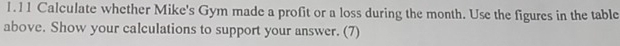 1.11 Calculate whether Mike's Gym made a profit or a loss during the month. Use the figures in the table 
above. Show your calculations to support your answer. (7)