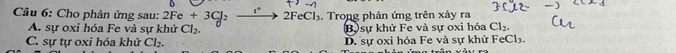 Cho phản ứng sau: 2Fe+3Cl_2to 2FeCl_3 :. Trong phản ứng trên xảy ra
A. sự oxi hóa Fe và sự khử Cl_2. Bộ sự khử Fe và sự oxi hóa Cl_2.
C. sự tự oxi hóa khử Cl_2. D. sự oxi hóa Fe và sự khử FeCl₃.