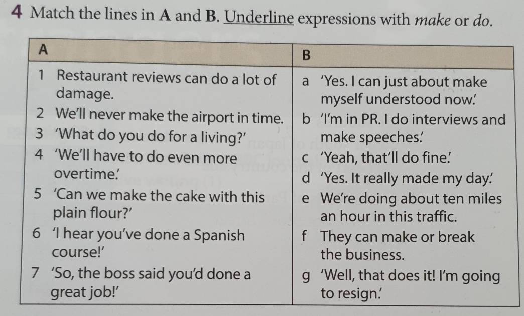 Match the lines in A and B. Underline expressions with make or do.