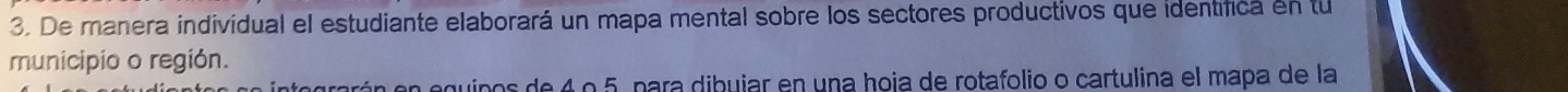 De manera individual el estudiante elaborará un mapa mental sobre los sectores productivos que identifica en tu 
municipio o región. 
orgrón en equipos de 4 o 5, para dibujar en una hoia de rotafolio o cartulina el mapa de la