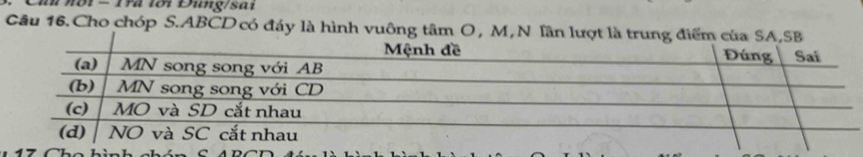 1 ố i - 1ra lới Đung/sai 
Câu 16. Cho chóp S. ABCD có đáy là hình vuông tâm O, M, N lần lượt