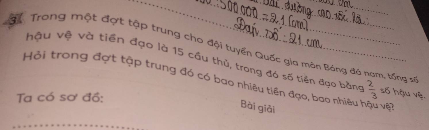 Bể Trong một đợt tập trung cho đội tuyển Quốc gia môn Bóng đá nam, tổng số 
hậu vệ và tiền đạo là 15 cầu thủ, trong đó số tiền đạo bằng  2/3  số hậu vệ. 
Hỏi trong đợt tập trung đó có bao nhiêu tiền đạo, bao nhiêu hậu vệt 
Ta có sơ đồ: 
Bài giải 
_