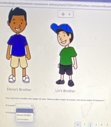 Elena's Brother 
They each have a brother who weighs 40 units. Whose brother weighs 40 pounds, and whose weighs 40 kilograms?
40 pounds
40 kilogram Elena's Brother
Lin's Brother
1 2 3 4 5