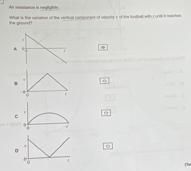 Air resistance is negligible.
What is the variation of the vertical component of velocity v of the football with r until it reaches
the ground?
A
B
C
(To