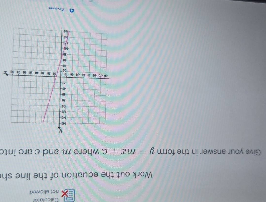 Calculator 
not allowed 
Work out the equation of the line sh 
Give your answer in the form y=mx+c , where m and c are inte
x
Toom