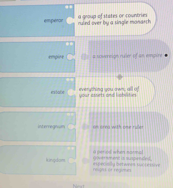 emperor a group of states or countries
ruled over by a single monarch
empire a sovereign ruler of an empire
everything you own; all of
estate your assets and liabilities
interregnum an area with one ruler
a period when normal
government is suspended,
kingdom especially between successive
reigns or regimes
Next