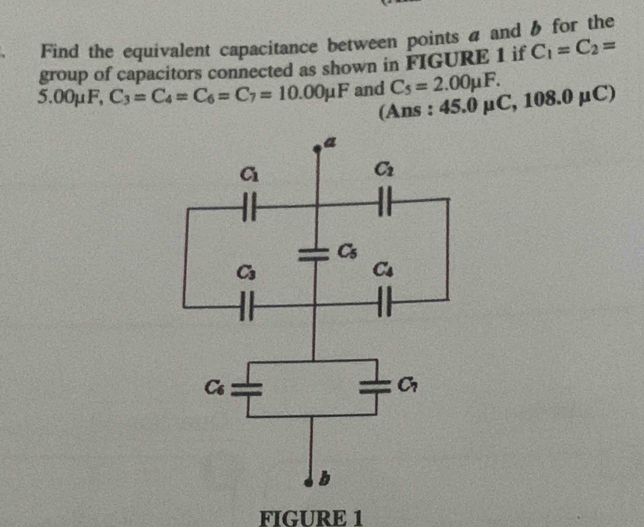 Find the equivalent capacitance between points a and b for the
group of capacitors connected as shown in FIGURE 1 if C_1=C_2=
5.00mu F,C_3=C_4=C_6=C_7=10.00mu F and C_5=2.00mu F. 45.0mu C,108.0mu C)
(Ans :
FIGURE 1