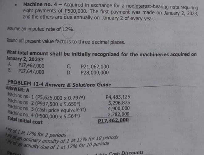 Machine no. 4 — Acquired in exchange for a noninterest-bearing note requiring
eight payments of P500,000. The first payment was made on January 2, 2023,
and the others are due annually on January 2 of every year.
Assume an imputed rate of 12%.
Round off present value factors to three decimal places.
What total amount shall be initially recognized for the machineries acquired on
January 2, 2023?
A. P17,462,000 C. P21,062,000
B. P17,647,000 D. P28,000,000
PROBLEM 12-4 Answers & Solutions Guide
ANSWER: A
Machine no. 1 (P5,625,000* 0.797^a) P4,483,125
Machine no. 2 (P937,500* 5.650^b)
5,296,87
Machine no. 3 (cash price equivalent) 4 900,000
Machine no. 4 (P500,000* 5.564^c) ∴ △ ADC 2 82.000
Total initial cost
P17,462,000
PV of 1 at 12% for 2 periods
PV of an ordinary annuity of 1 at 12% for 10 periods
PV of an annuity due of 1 at 12% for 10 periods
h iscounts