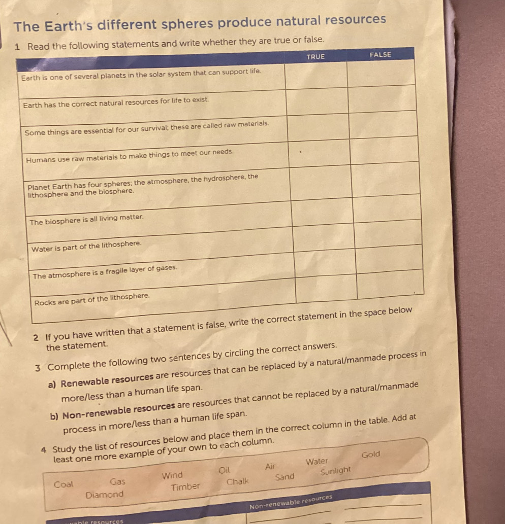 The Earth's different spheres produce natural resources 
y are true or false. 
2 If you have written that a 
the statement. 
3 Complete the following two sentences by circling the correct answers. 
a) Renewable resources are resources that can be replaced by a natural/manmade process in 
more/less than a human life span. 
b) Non-renewable resources are resources that cannot be replaced by a natural/manmade 
process in more/less than a human life span. 
4 Study the list of resources below and place them in the correct column in the table. Add at 
least one more example of your own to each column. 
Water Gold 
Oil 
Sunlight 
Coal Gas Wind Air 
Diamond Timber Chalk Sand 
_ 
Non-renewable resources_ 
_