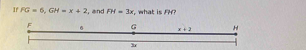 If FG=6,GH=x+2 , and FH=3x , what is FH?