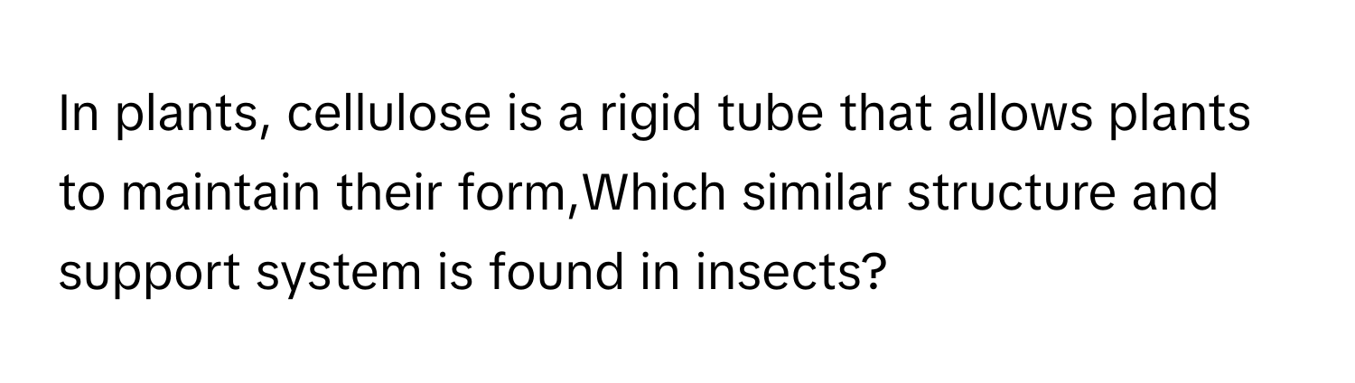 In plants, cellulose is a rigid tube that allows plants to maintain their form,Which similar structure and support system is found in insects?