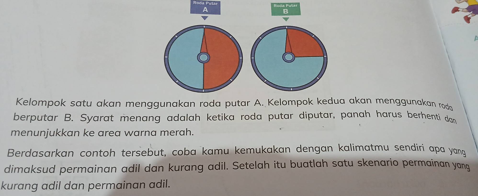 Roda Puta Roda Putar 
A 
B 
Kelompok satu akan menggunakan roda putar A. Kelompok kedua akan menggunakan roda 
berputar B. Syarat menang adalah ketika roda putar diputar, panah harus berhenti dan 
menunjukkan ke area warna merah. 
Berdasarkan contoh tersebut, coba kamu kemukakan dengan kalimatmu sendiri apa yang 
dimaksud permainan adil dan kurang adil. Setelah itu buatlah satu skenario permainan yang 
kurang adil dan permainan adil.