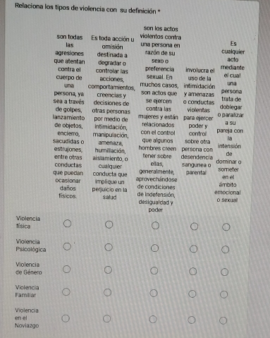 Relaciona los tipos de violencia con su definición *
son los actos
son todas Es toda acción u violentos contra una persoñía en Es
las omisión
agresiones destinada a razón de su cualquier
que atentan degrađar o preferencia involucra el sexo o acto
contra el controlar las mediante
cuerpo de acciones, muchos casos, intimidación sexual. En uso de la el cua! una
una comportamientos
persona, ya creencias y son actos que y amenazas trata de persona
sen a través decisiones de contra las se ejercen o conductas viollentas dobiegar
de golpes, otras personas o paralizar
lanzamiento por medio de mujeres y están para ejercer relacionados poder y pareja con
a su
de objetos, intimidación, con el control control
encierro, manipulación, la
sacudidas o amenaza, hombres creen persona con que algunos sobre otra intensión
de
estrujones. humiliación, tener sobre desendencia dominar o
entre otras ai s lamiento, o
ellas,
conductas cualquier sangunea o
que puedan conducta que aprovechándose generalmente, parental someter en el
ocasionar Implique un de condiciones
ámbito
daños de indefensión,
físicos. perjuicio en la
emocional
s;alud desigualdad y
o sexual
poder
Violencia
física
Violencia
Psicológica
Violencia
de Género
Violencia
Familiar
Violencia
en el
Noviazgo