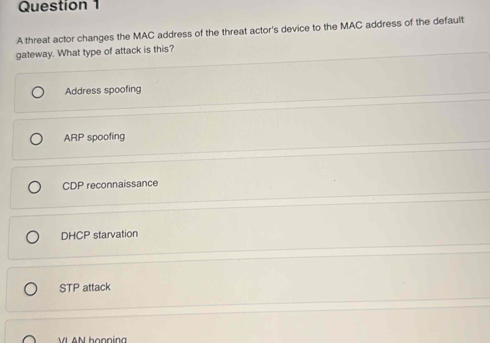 Solved: A threat actor changes the MAC address of the threat actor's ...