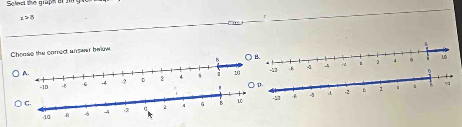 Select the graph of the give
x>8
Choose the correct answer below.