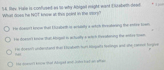 Rev. Hale is confused as to why Abigail might want Elizabeth dead. 5 poir
What does he NOT know at this point in the story?
He doesn't know that Elizabeth is actually a witch threatening the entire town.
He doesn't know that Abigail is actually a witch threatening the entire town.
He doesn't understand that Elizabeth hurt Abigail's feelings and she cannot forgive
her.
He doesn't know that Abigail and John had an affair.