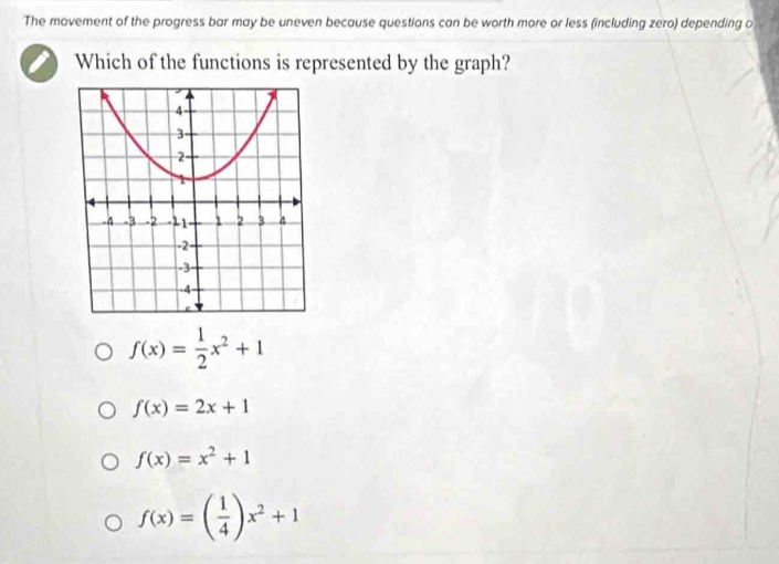 The movement of the progress bar may be uneven because questions can be worth more or less (including zero) depending o
Which of the functions is represented by the graph?
f(x)= 1/2 x^2+1
f(x)=2x+1
f(x)=x^2+1
f(x)=( 1/4 )x^2+1