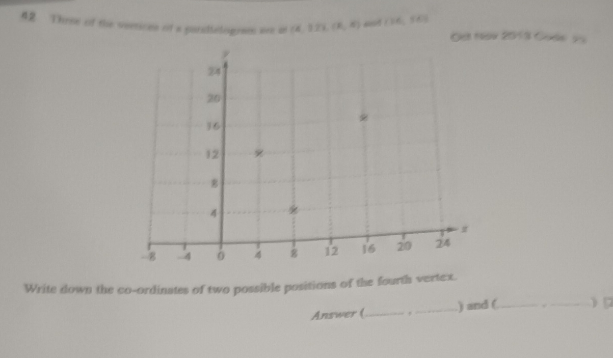 Thrse of the vertices of a parsdtelogeam are at (4,12), (8,6) sd (P6,S6) Oe Nav 2013 Code 25 
Write down the co-ordinates of two possible positions of the fourth vertex. 
Answer (_ ,_ ) and (_ 
_)