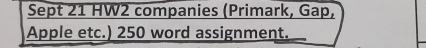 Sept 21 HW2 companies (Primark, Gap, 
Apple etc.) 250 word assignment.