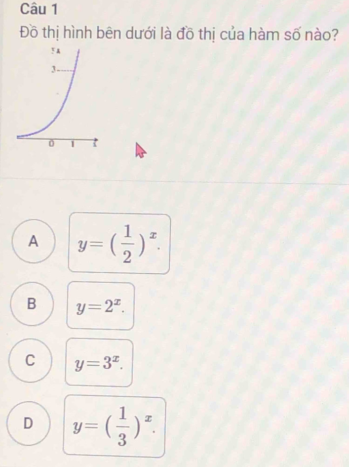 Đồ thị hình bên dưới là đồ thị của hàm số nào?
A y=( 1/2 )^x.
B y=2^x.
C y=3^x.
D y=( 1/3 )^x.