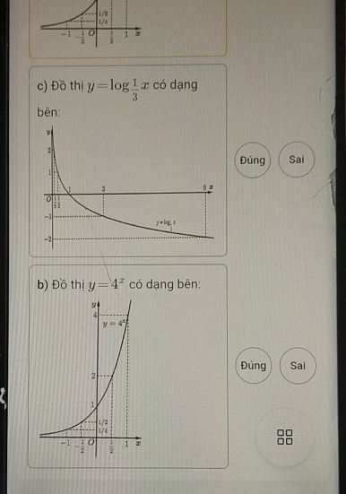 Đồ thị y=log  1/3 x có dạng
bên:
Đúng Sai
b) Đồ thị y=4^x có dạng bên:
Đúng Sai