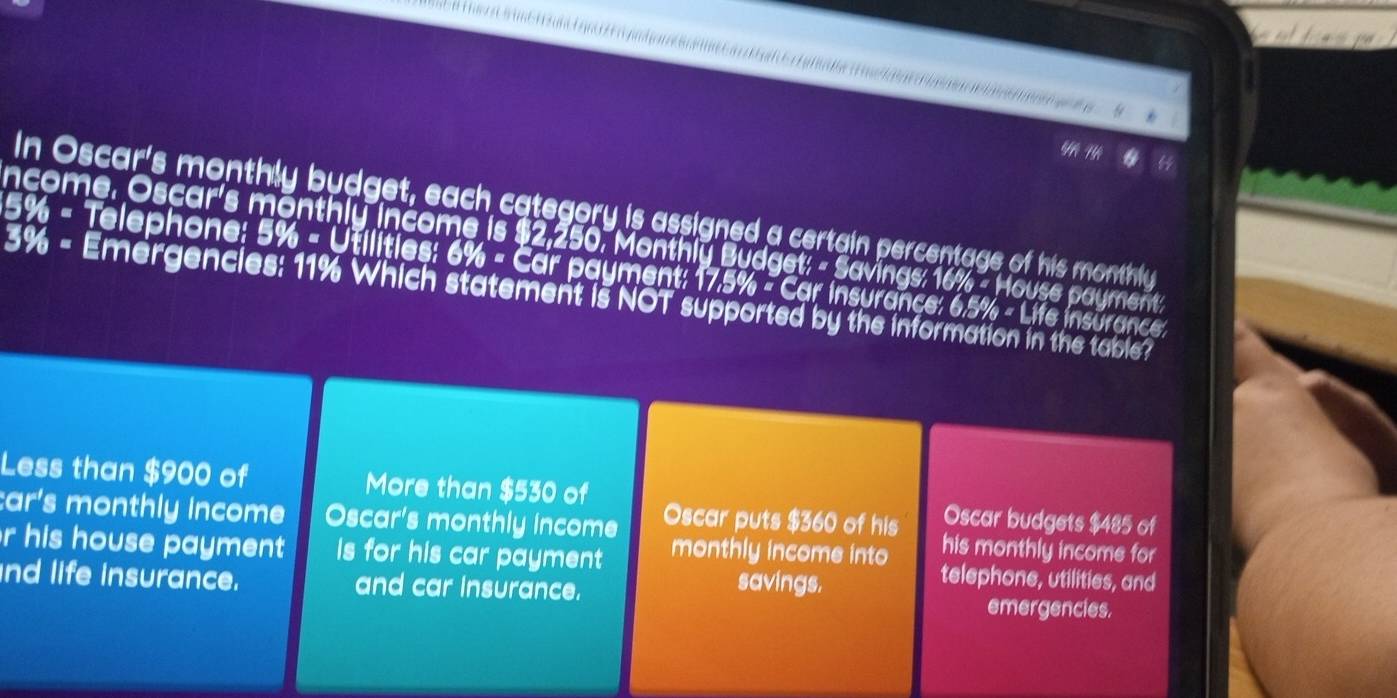 4 1 
In Oscar's monthly budget, each category is assigned a certain percentage of his monthly 
ncome. Oscar's monthly income is $2,250. Monthly Budget: - Savings: 16% - House payment
5% - Telephone: 5% = Utilities: 6% - Car payment: 17.5% - Car insurance: 6.5% - Life insurance:
3% - Emergencies: 11% Which statement is NOT supported by the information in the table? 
Less than $900 of More than $530 of Oscar budgets $485 of 
car's monthly income Oscar's monthly income Oscar puts $360 of his his monthly income for 
r his house payment is for his car payment monthly income into telephone, utilities, and 
nd life insurance. and car insurance. 
savings. 
emergencies.