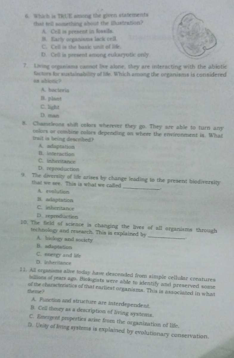 Which is TRUE among the given statements
that tell something about the illustration?
A. Cell is present in fossils.
B. Early organisms lack cell.
C. Cell is the basic unit of life.
D. Cell is present among eukaryotic only.
7. Living organisms cannot live alone, they are interacting with the abiotic
factors for sustainability of life. Which among the organisms is considered
as ablotic?
A. bacteria
B. plant
C. light
D. man
8. Chameleons shift colors wherever they go. They are able to turn any
colors or combine colors depending on where the environment is. What
trait is being described?
A. adaptation
B. interaction
C. inheritance
D. reproduction
_
9. The diversity of life arises by change leading to the present biodiversity
that we see. This is what we called
.
A. evolution
B. adaptation
C.inheritance
D.reproduction
10. The field of science is changing the lives of all organisms through
technology and research. This is explained by
A. biology and society
_
B. adaptation
C. energy and life
D. inheritance
11. All organisms alive today have descended from simple cellular creatures
billions of years ago. Biologists were able to identify and preserved some
of the characteristics of that earliest organisms. This is associated in what
theme?
A. Function and structure are interdependent.
B. Cell theory as a description of living systems.
C. Emergent properties arise from the organization of life.
D. Unity of living systems is explained by evolutionary conservation.