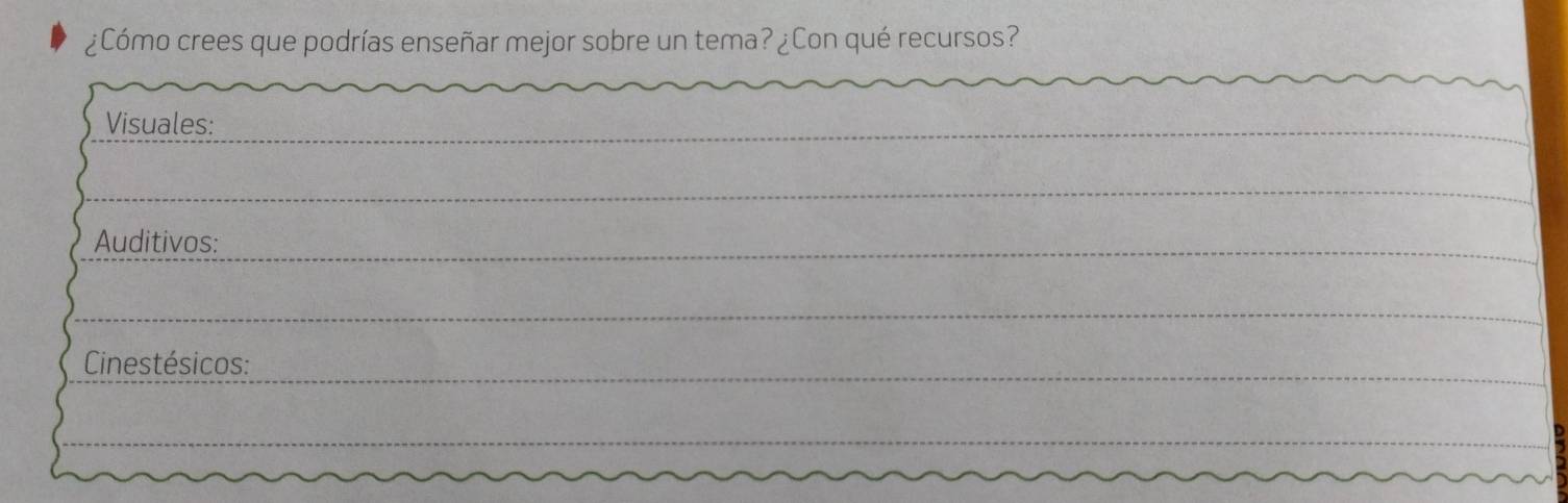 ¿Cómo crees que podrías enseñar mejor sobre un tema? ¿Con qué recursos? 
Visuales: 
Auditivos: 
Cinestésicos: