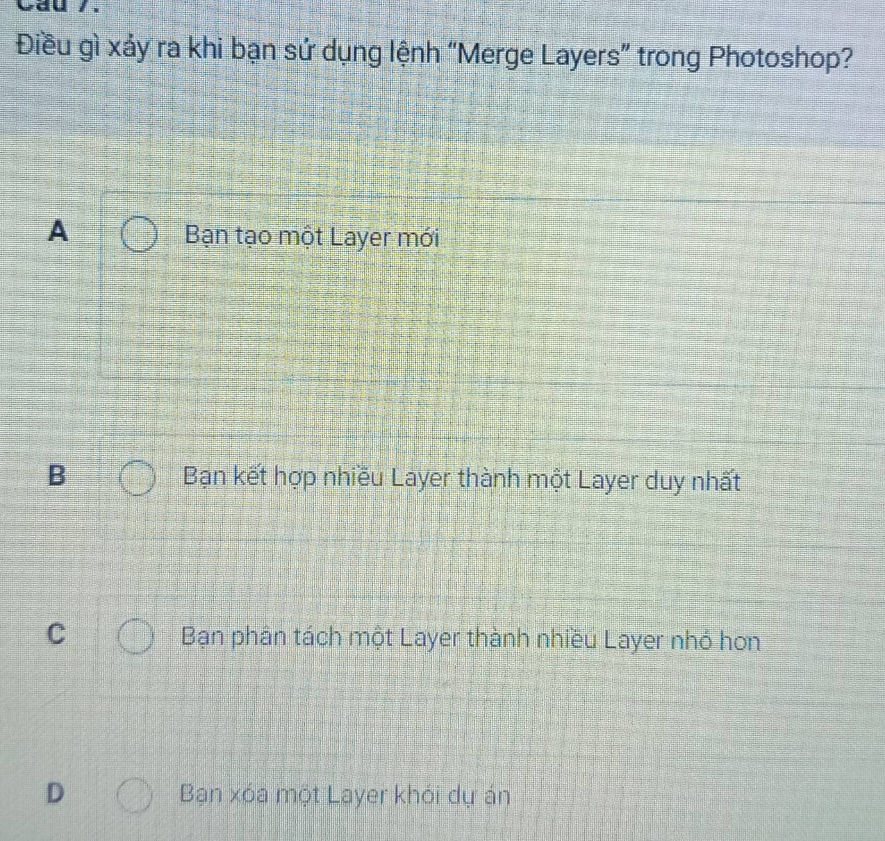 Điều gì xảy ra khi bạn sứ dụng lệnh “Merge Layers” trong Photoshop?
A Bạn tạo một Layer mới
B Bạn kết hợp nhiều Layer thành một Layer duy nhất
C Bạn phân tách một Layer thành nhiều Layer nhỏ hơn
D Bạn xóa một Layer khói dự án