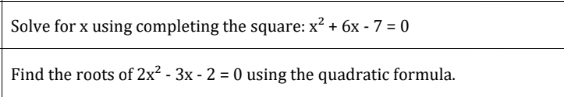 Solve for x using completing the square: x^2+6x-7=0
Find the roots of 2x^2-3x-2=0 using the quadratic formula.