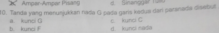 Ampar-Ampar Pisang d. Sinanggar Tullo
10. Tanda yang menunjukkan nada G pada garis kedua darí paranada disebut
a. kunci G c. kunci C
b. kunci F d. kunci nada