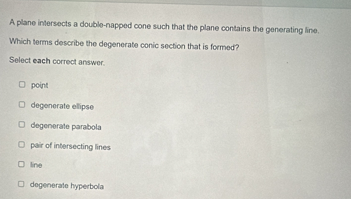 Solved: A plane intersects a double-napped cone such that the plane ...
