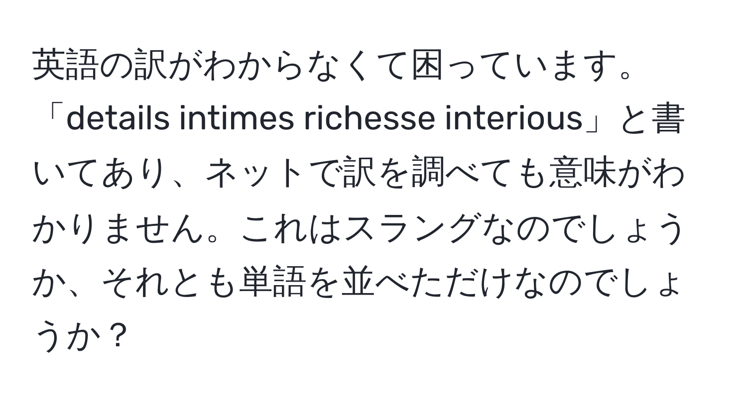 英語の訳がわからなくて困っています。「details intimes richesse interious」と書いてあり、ネットで訳を調べても意味がわかりません。これはスラングなのでしょうか、それとも単語を並べただけなのでしょうか？