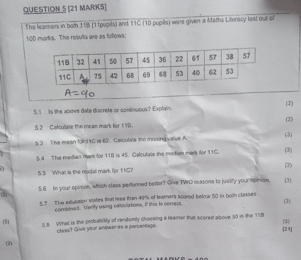 The learners in both 11B (11pupils) and 11C (10 pupils) were given a Maths Literacy lest out of
100 marks. The results are as follows: 
(2) 
5.1 Is the above date discrete or continuous? Explain. 
5.2 Calculate the mean mark for 11B. (2) 
5.3 The mean for 11C is 62. Calculate the missing value A. (3) 
5.4 The median mark for 11B is 45. Calculate the median mark for 11C. (3) 
2) 5.5 What is the modal mark for 11C? 
(2) 
5.6 In your opinion, which class performed better? Give TWO reasons to justify your opinion. (3) 
(2) 
5.7 The educator states that less than 40% of learners scored below 50 in both classes 
combined. Verify using calculations, if this is correct. (3) 
(5) 5.8 What is the probability of randomly choosing a learner that scored above 50 in the 11B (3) 
class? Give your answer as a percentage. 
[21] 
(2)