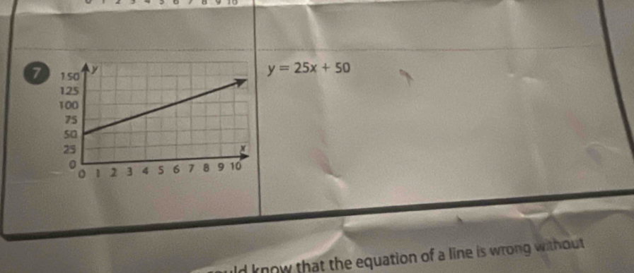 7
y=25x+50
'd know that the equation of a line is wrong without