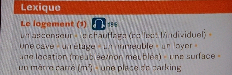 Lexique 
Le logement (1) 96
un ascenseur « le chauffage (collectif/individuel) 
une cave « un étage » un immeuble - un loyer » 
une location (meublée/non meublée) - une surface 
un mètre carré (m^2)· une place de parking