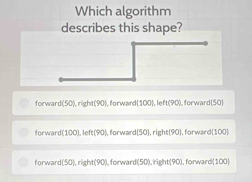 Which algorithm
describes this shape?
forward(50), right(90), forward( (100) ,le ft(90) , forward(50)
forward(100), left (90) , forward(50), right(90), forward(100)
forward(50), right(90), forward(50), right(90), forward(100)