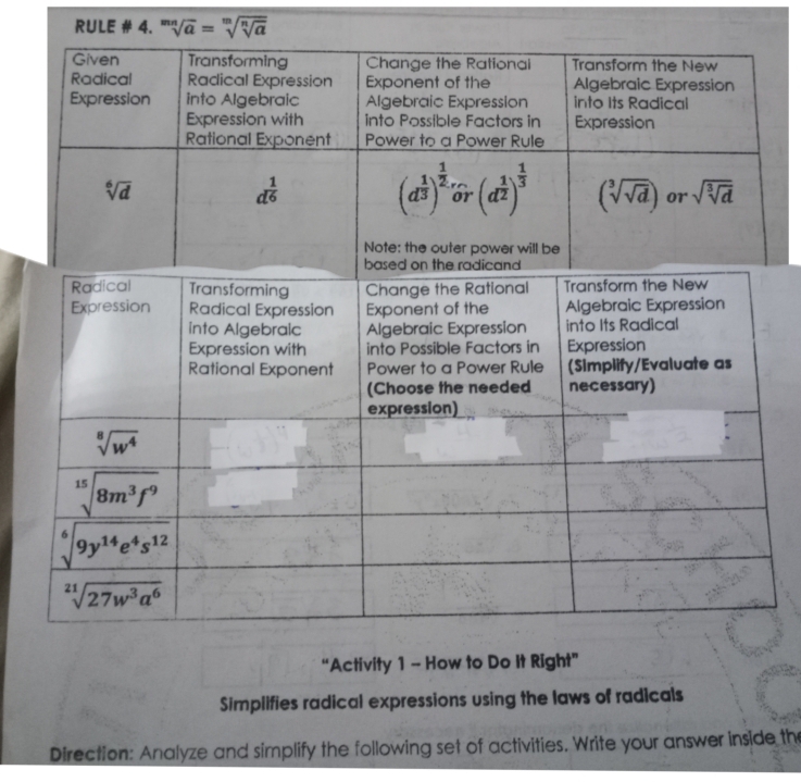 RULE # 4. sqrt[m](a)=sqrt[m](sqrt [n]a)
“Activity 1 - How to Do It Right”
Simplifies radical expressions using the laws of radicals
Direction: Analyze and simplify the following set of activities. Write your answer inside the