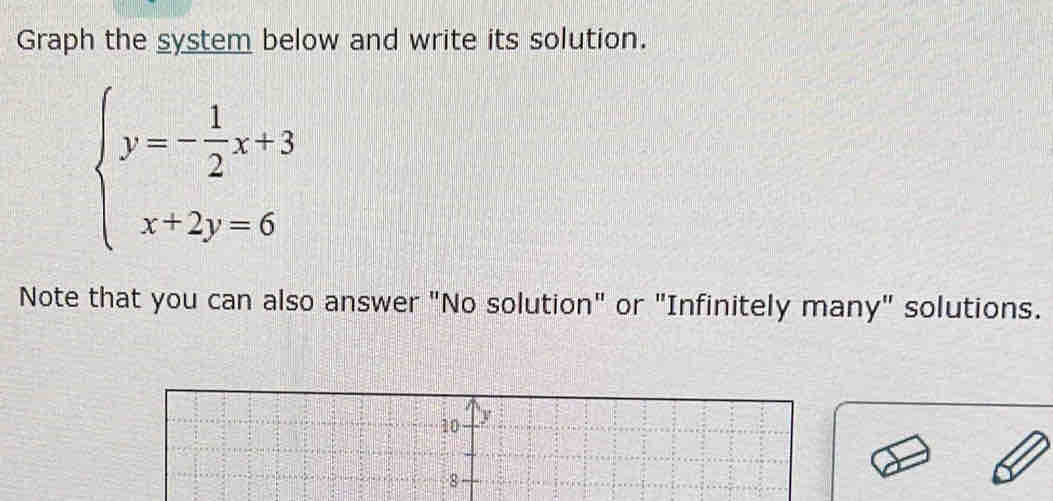 Graph the system below and write its solution.
beginarrayl y=- 1/2 x+3 x+2y=6endarray.
Note that you can also answer "No solution" or "Infinitely many" solutions.