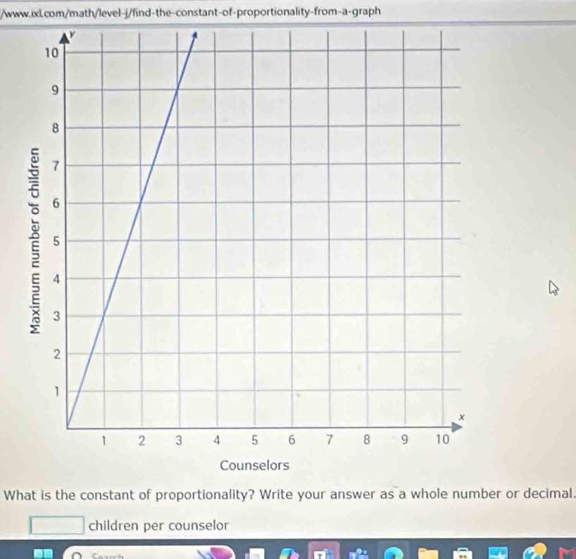 What is the constant of proportionality? Write your answer as a whole number or decimal. 
children per counselor