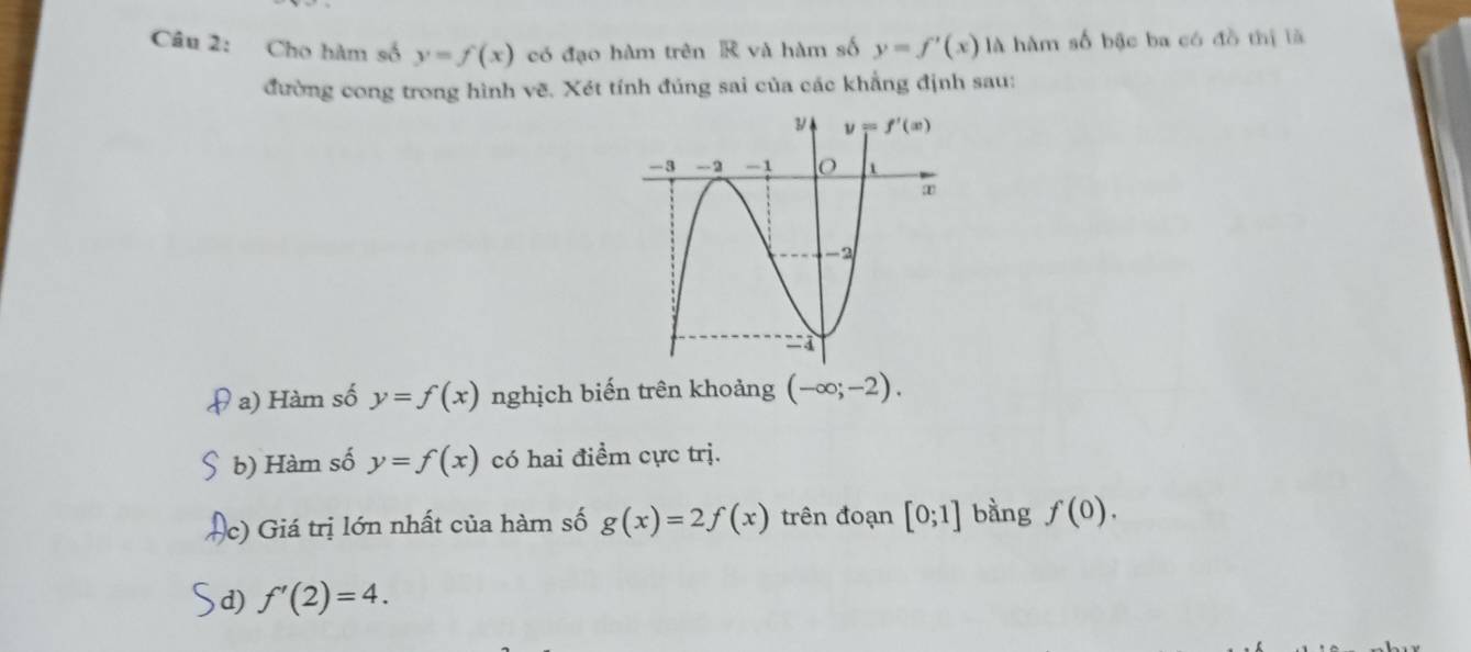 Cho hàm số y=f(x) có đạo hàm trên R và hàm số y=f'(x) là hàm số bậc ba có đồ thị là
đường cong trong hình vẽ. Xét tính đúng sai của các khẳng định sau:
a) Hàm số y=f(x) nghịch biến trên khoảng (-∈fty ;-2).
b) Hàm số y=f(x) có hai điểm cực trị.
c) Giá trị lớn nhất của hàm số g(x)=2f(x) trên đoạn [0;1] bàng f(0).
d) f'(2)=4.