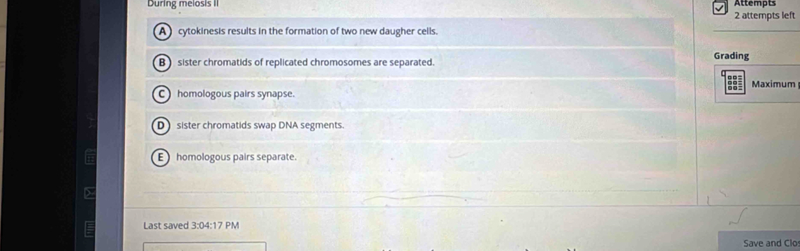 During melosis II Attempts
2 attempts left
A cytokinesis results in the formation of two new daugher cells.
B sister chromatids of replicated chromosomes are separated. Grading
Maximum
C homologous pairs synapse.
D sister chromatids swap DNA segments.
E homologous pairs separate.
Last saved 3:04:17 PM
Save and Clo